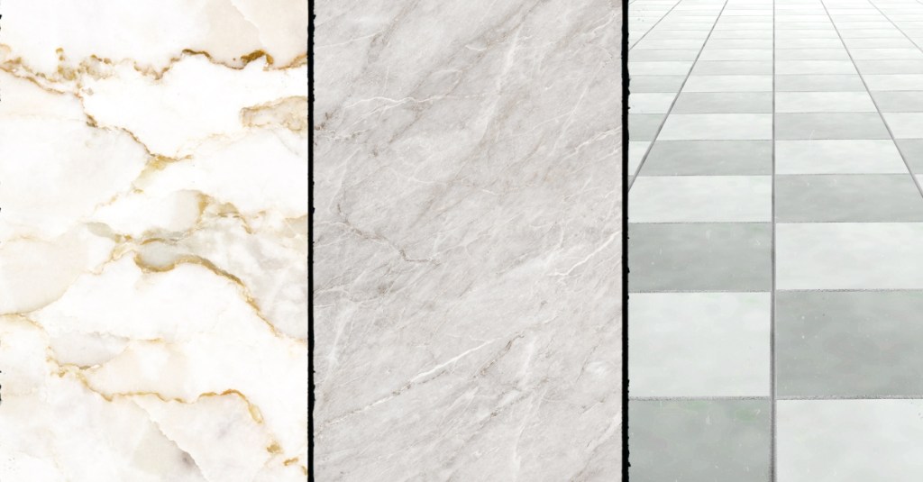 Ilustrasi marmer (kiri) vs granit (tengah) vs keramik (kanan)