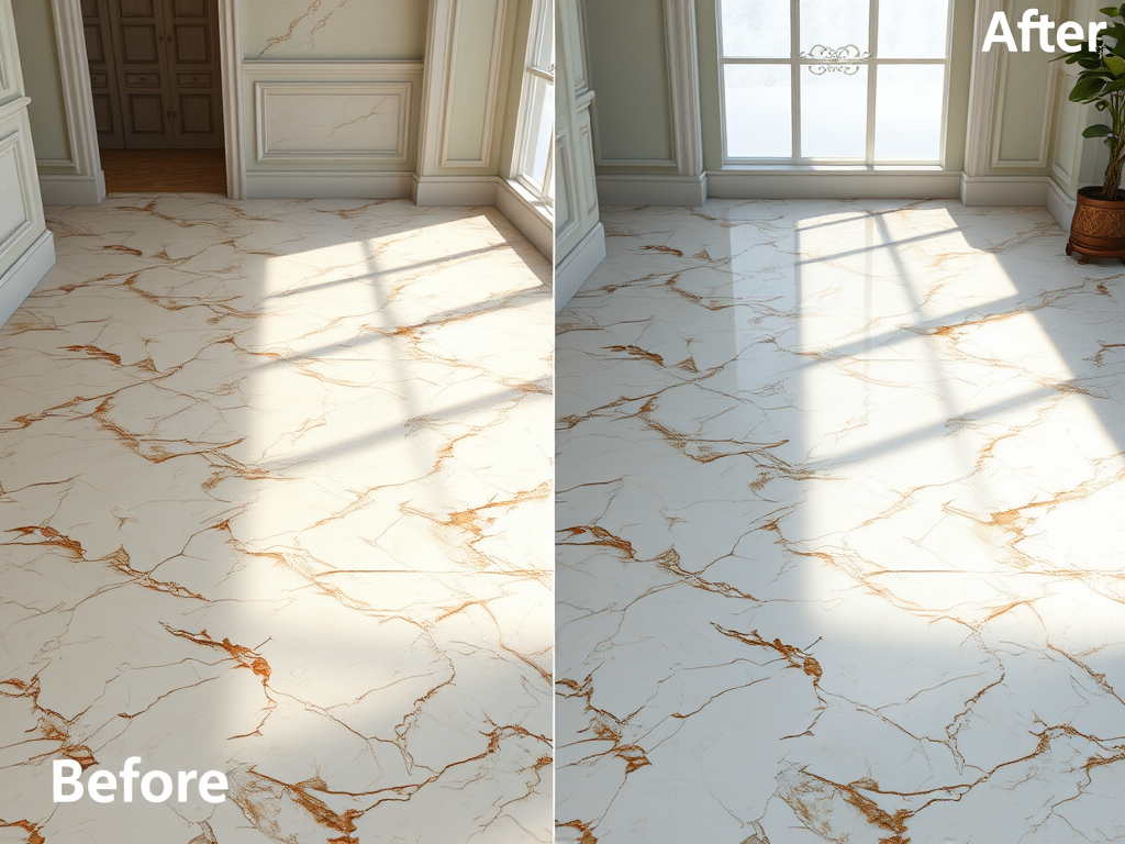 Ilustrasi before vs after mengkilapkan (polish) lantai marmer