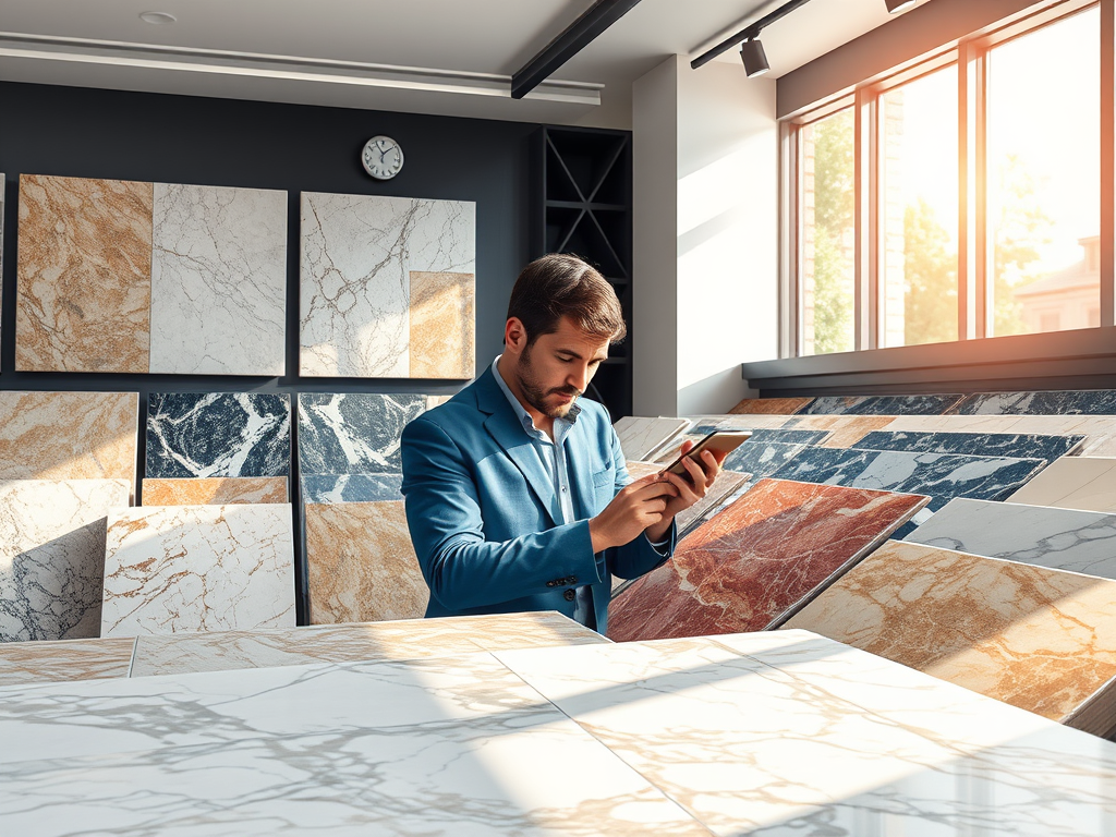 Ilustrasi seorang pelanggan sedang memilih slab marmer dan granit di galeri supplier marmer dan granit