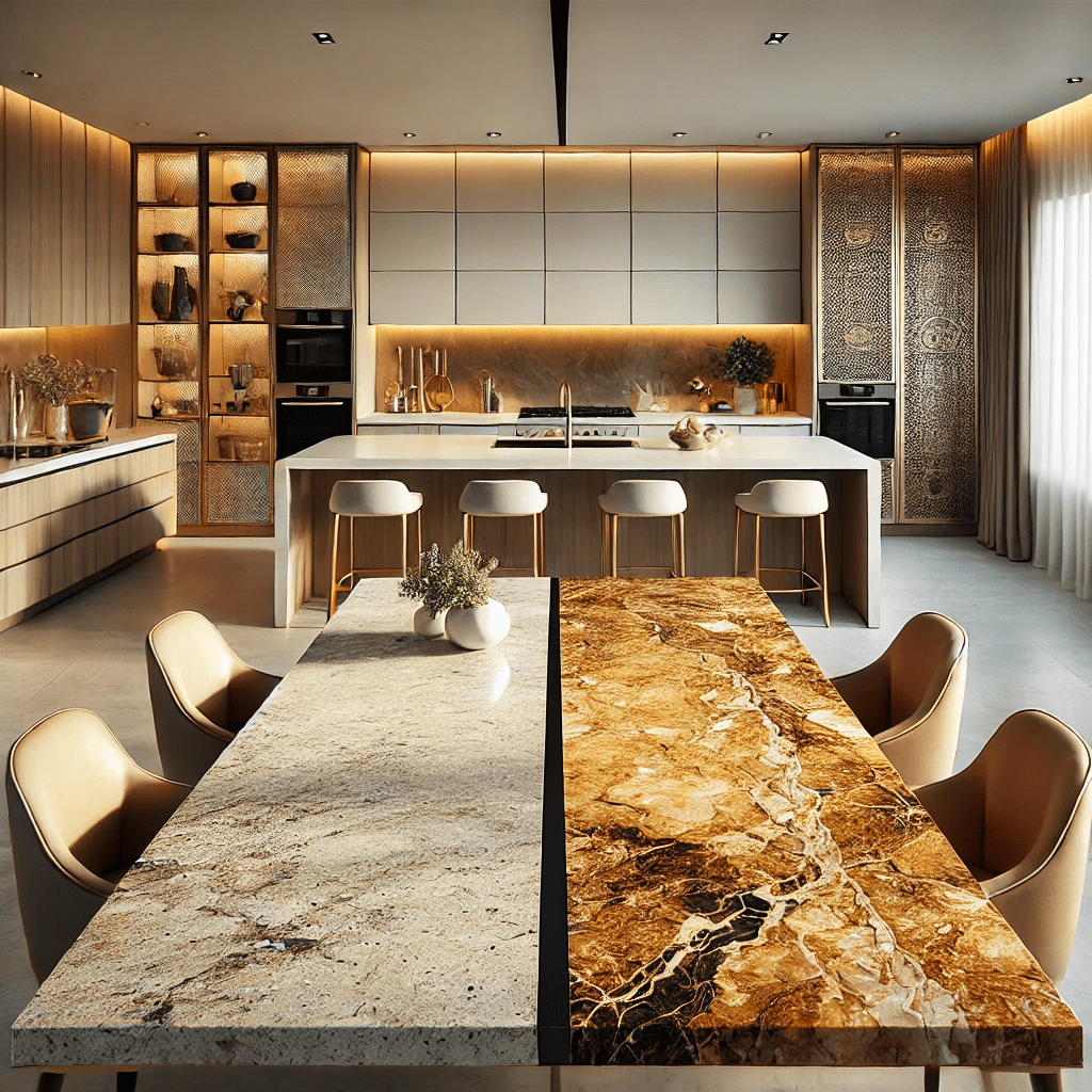 Ilustrasi meja makan dengan granit Giallo Ornamental dan New Venetian Gold