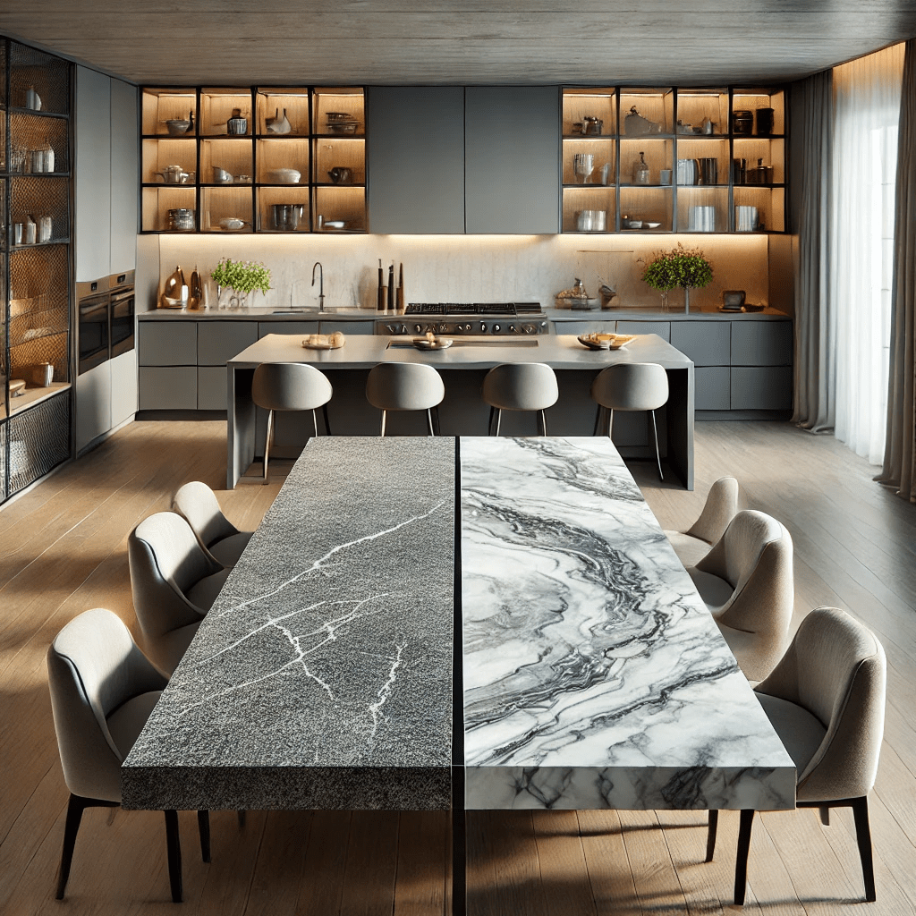 Ilustrasi meja makan dengan granit Steel Gray dan Silver Cloud