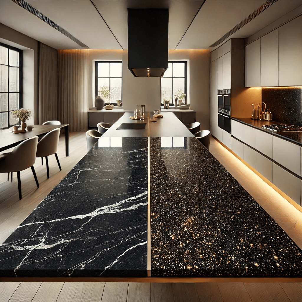 Ilustrasi meja makan dengan granit Absolute Black dan Black Galaxy