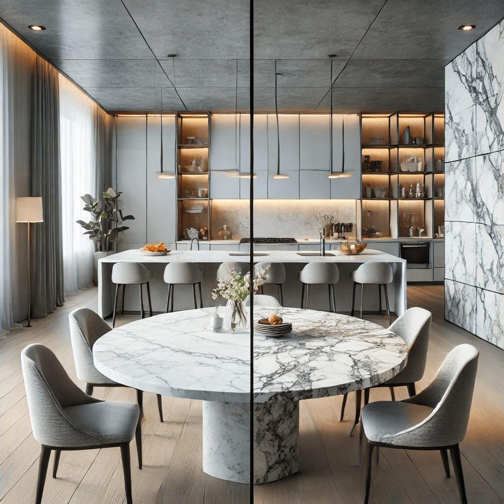 Ilustrasi meja makan dengan granit White Fantasy dan Super White