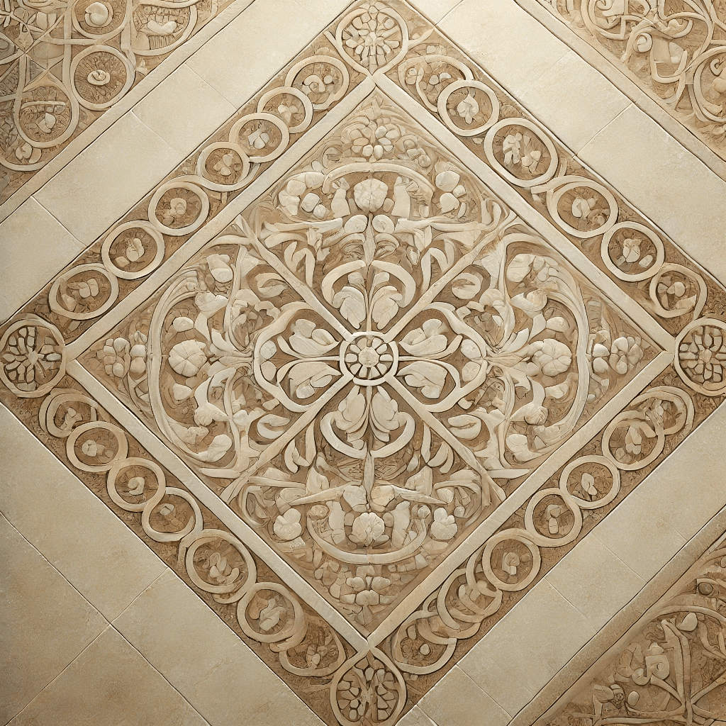 Ilustrasi lantai dengan pola mozaik menggunakan marmer Travertine Mozaik