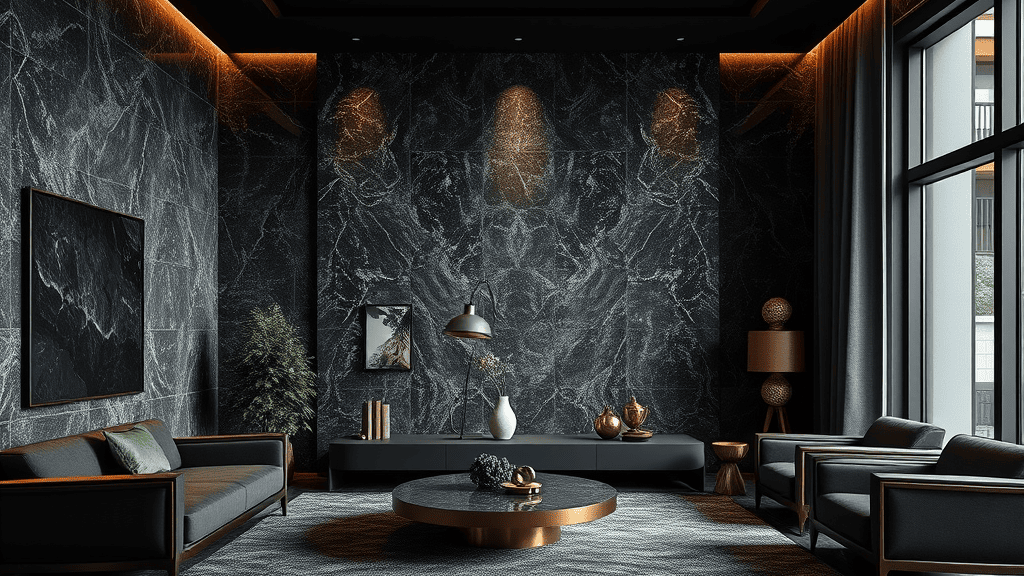 Ilustrasi dinding Granit Black Marquina