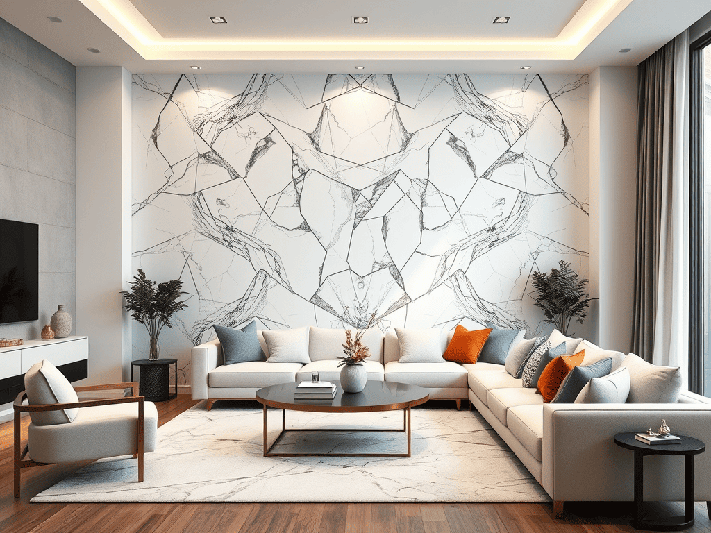 Ilustrasi ruangan dengan dinding marmer statuario bookmatched