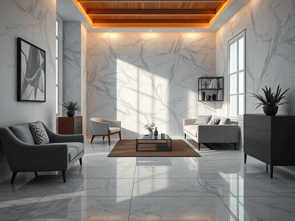 Ilustrasi ruangan dengan dinding Granit Viscon White | granit motif marmer