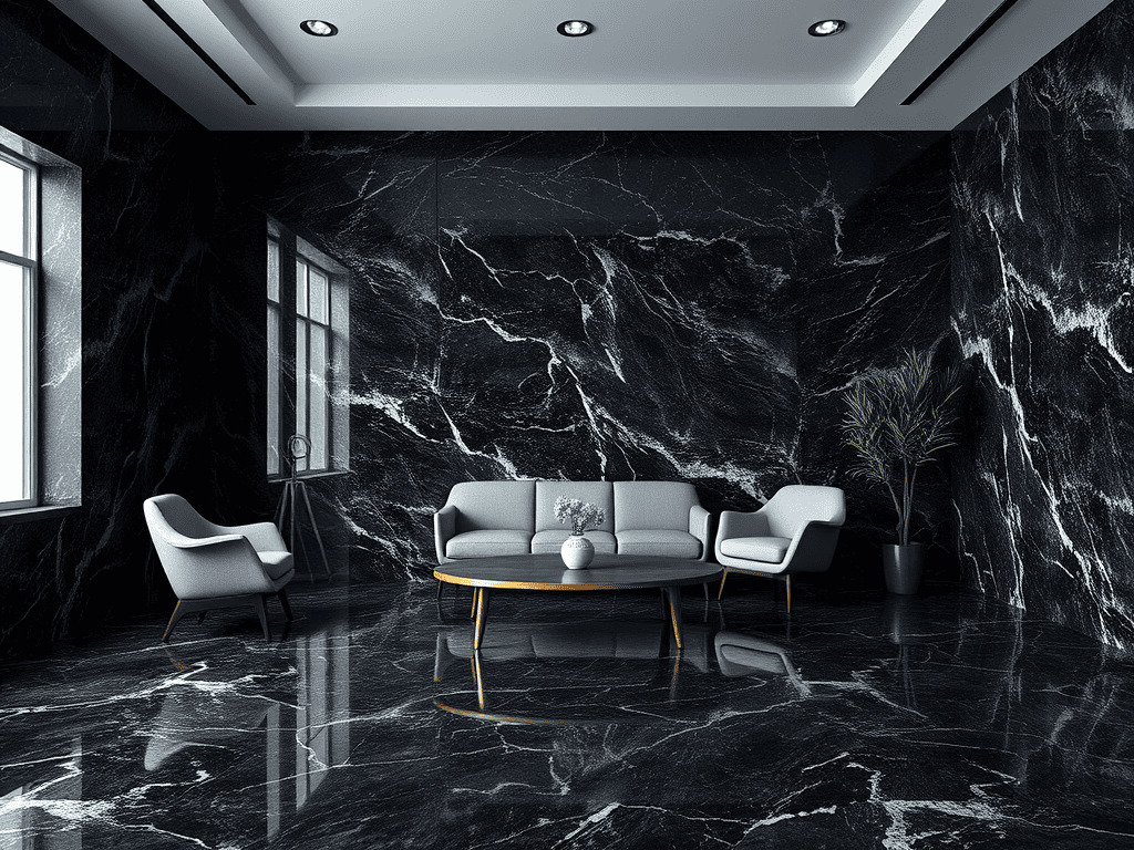 Ilustrasi ruangan dengan dinding Granit Black Forest | granit motif marmer