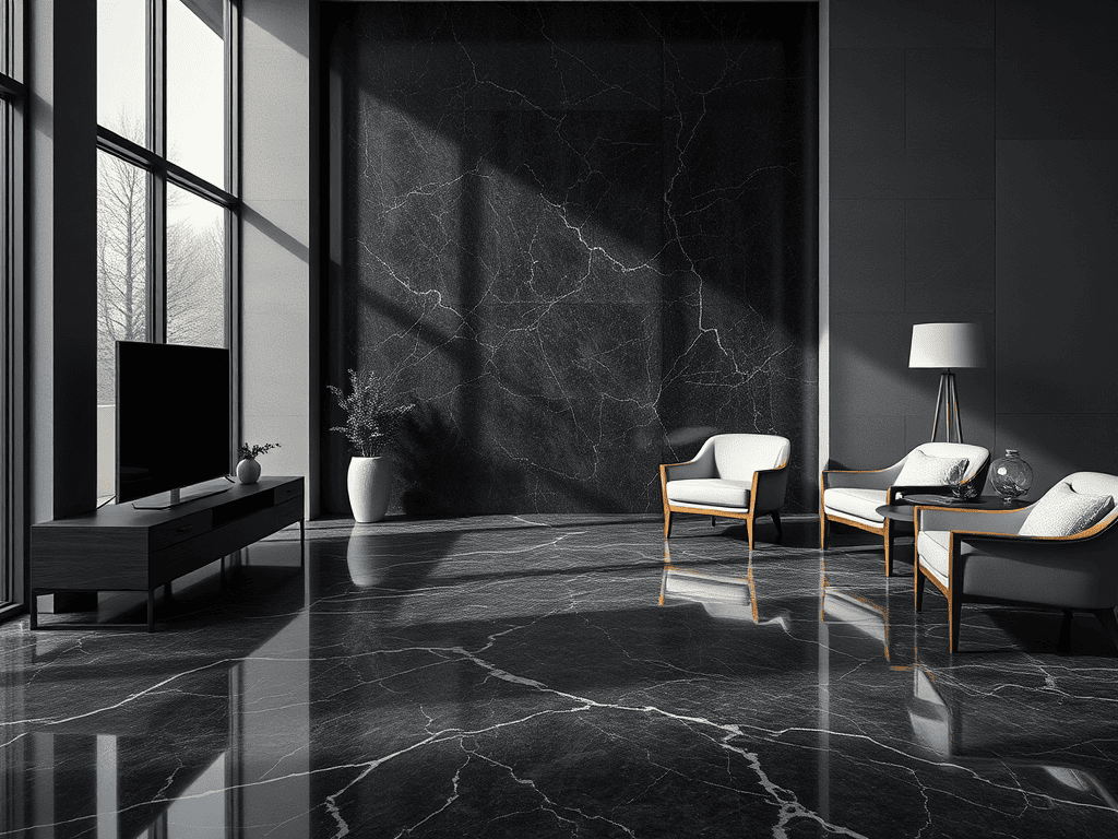 Ilustrasi ruangan dengan dinding Granit Black Marquina | granit motif marmer