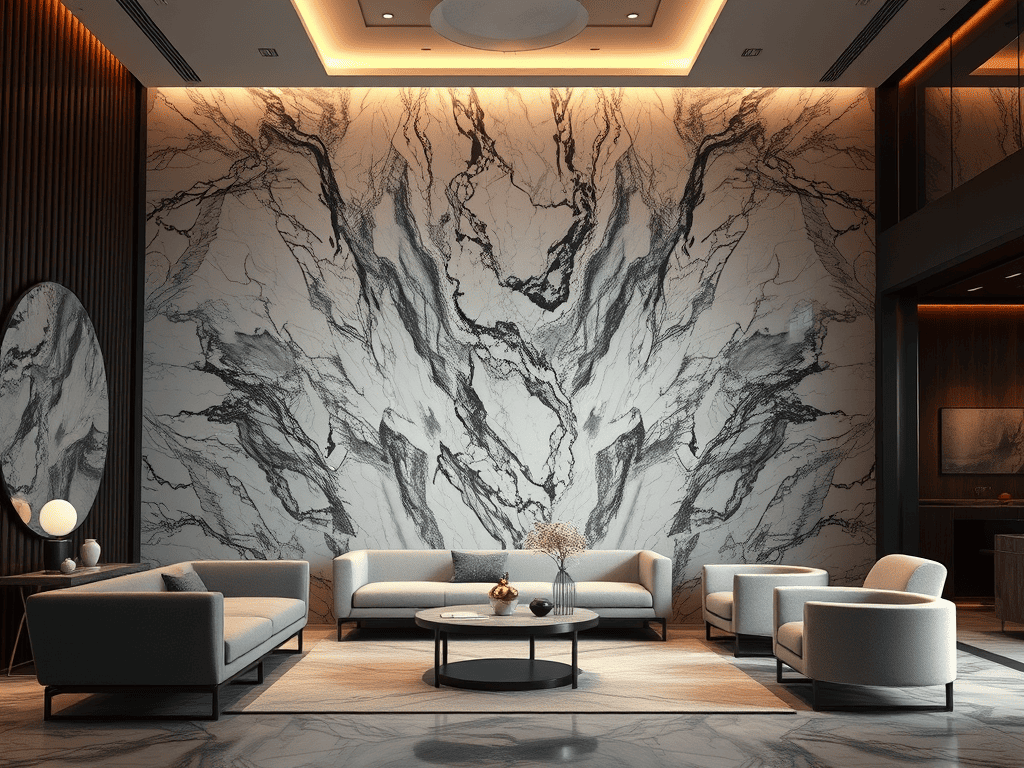 Ilustrasi Dinding Marmer Bookmatched Calacatta Viola