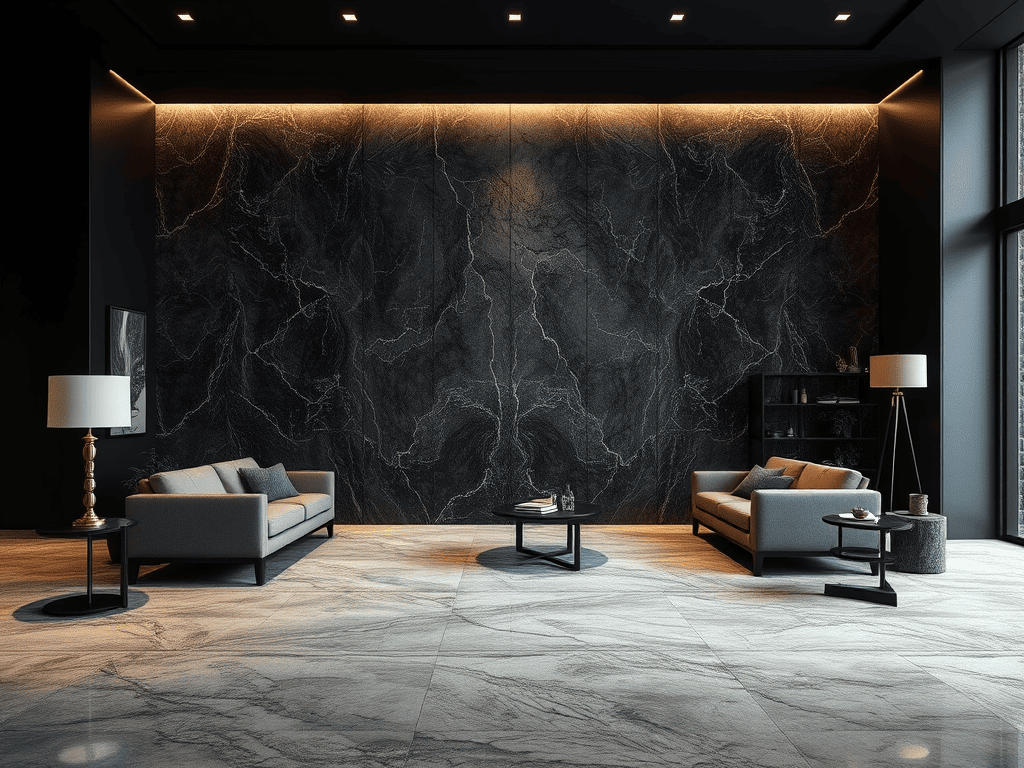 Ilustrasi dinding marmer Nero Marquina