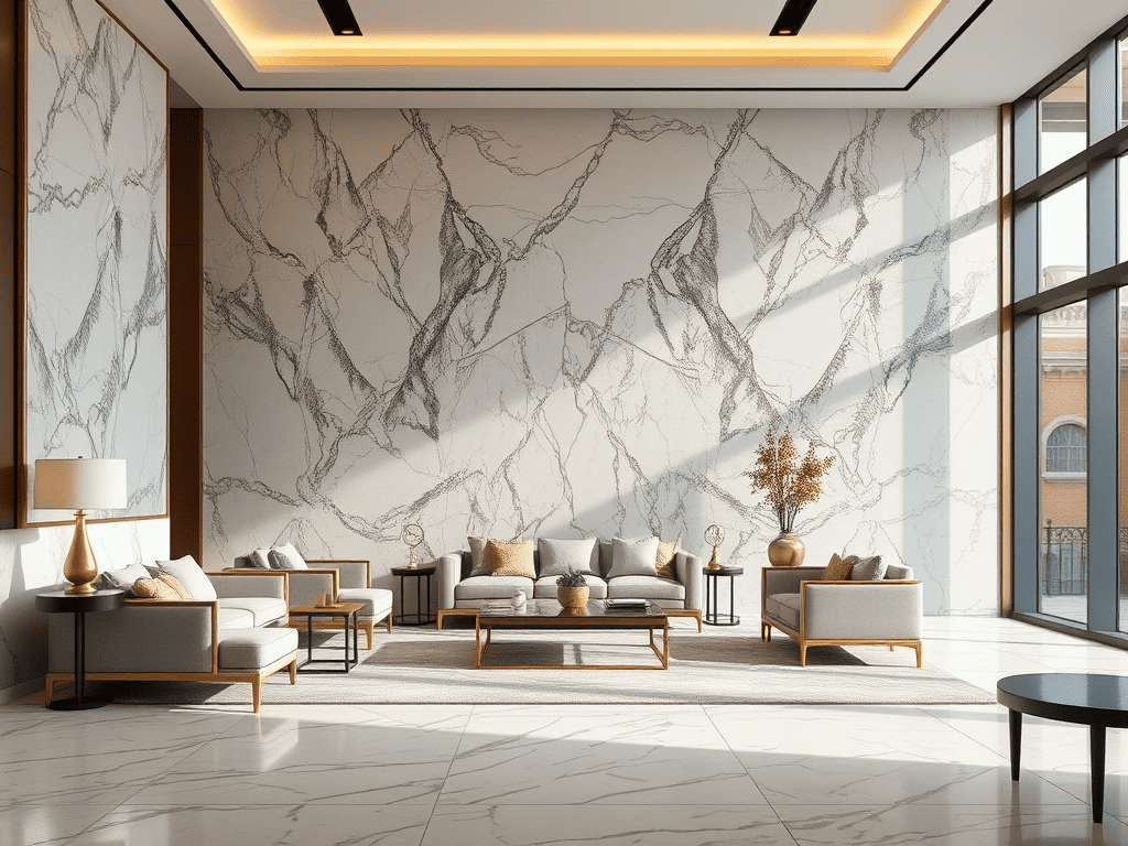 Ilustrasi dinding marmer Calacatta Macchia Vecchia