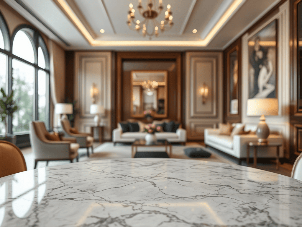 Ilustrasi meja marmer Arabescato Corchia