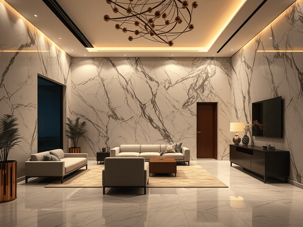 Ilustrasi dinding marmer Calacatta Macchia Vecchia