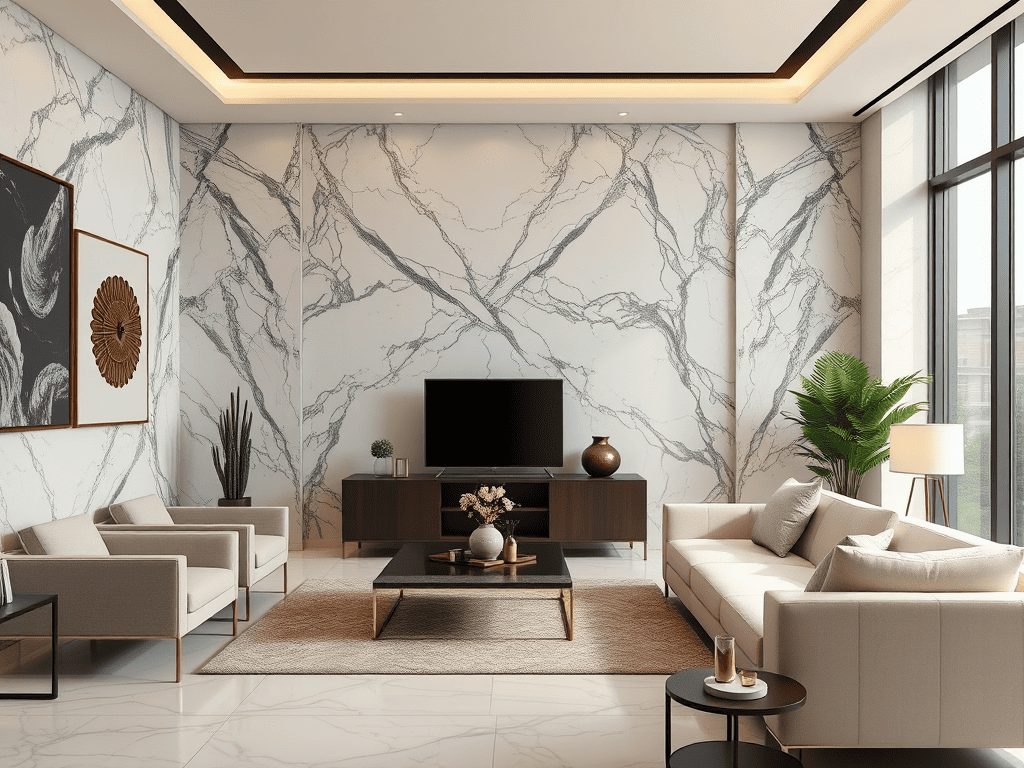 Ilustrasi dinding marmer Calacatta Macchia Vecchia