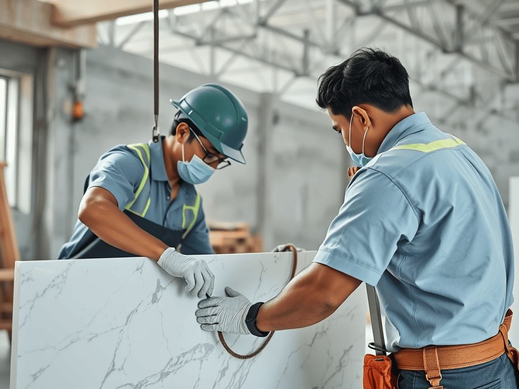 Ilustrasi teknisi instalasi slab batu marmer