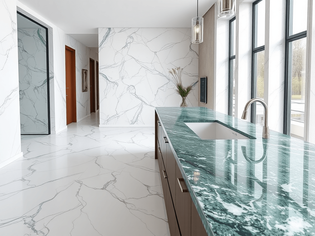 Kombinasi lantai marmer tulungagung dengan countertop granit verde ubatuba