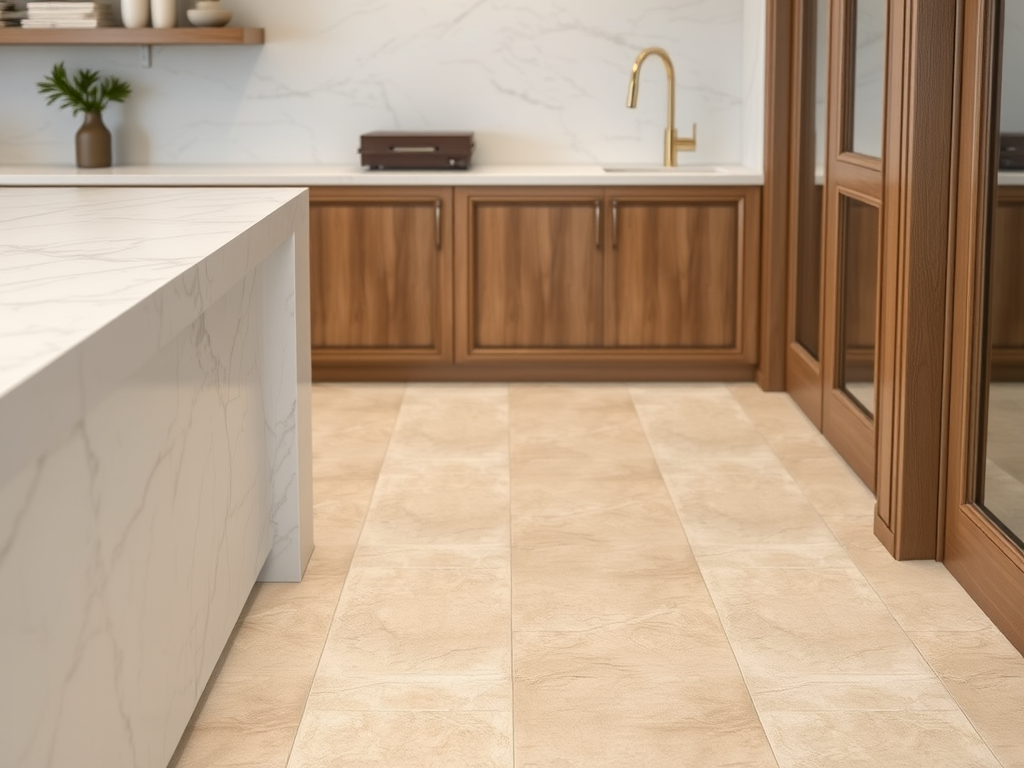 Kombinasi lantai parkit kayu dengan countertop granit bianco romano