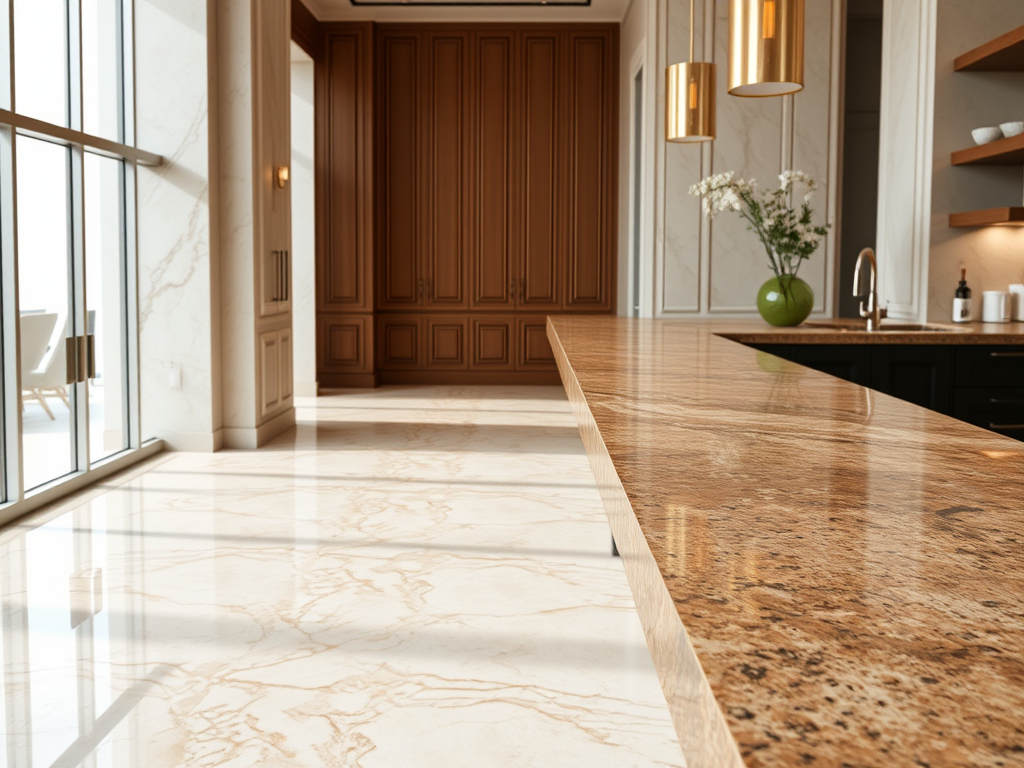 Kombinasi lantai marmer crema marfil dengan granit tan brown