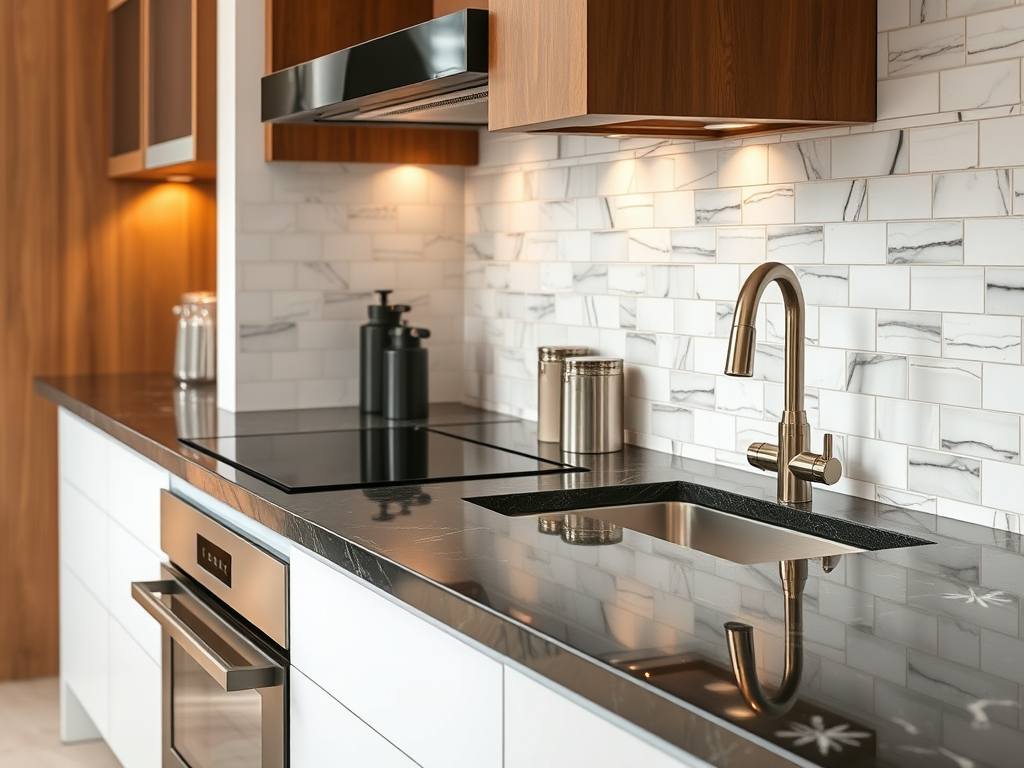 Countertop marmer hitam dengan backsplash putih