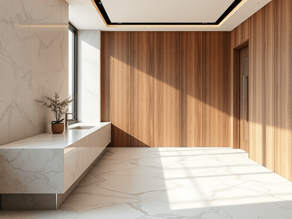 Ilustrasi ruangan dengan countertop dan lantai marmer Calacatta