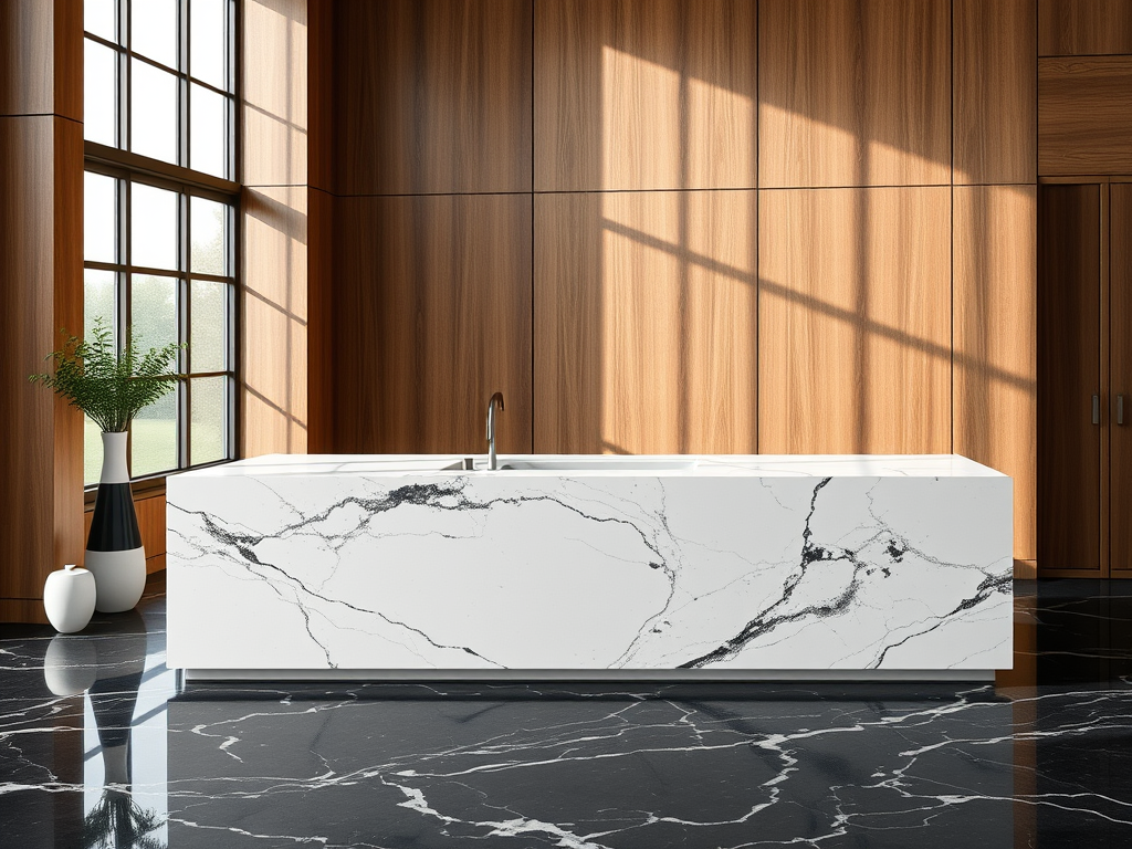 Ilustrasi ruangan dengan countertop marmer Calacatta Black dan lantai marmer Nero Marquina