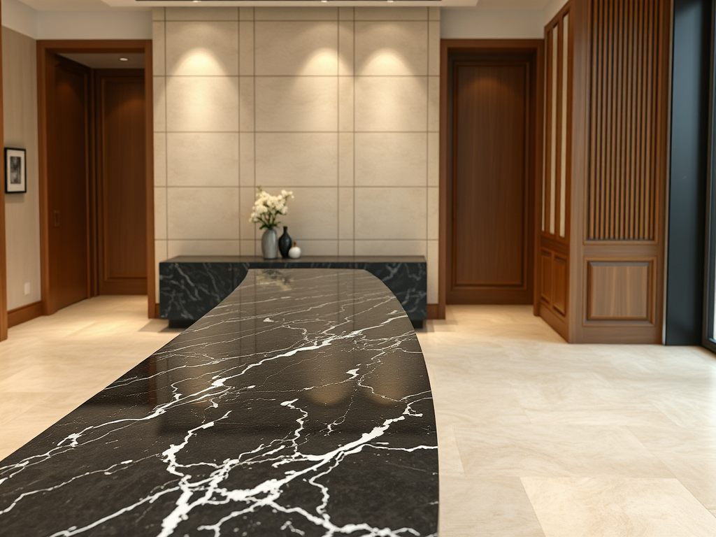 Ilustrasi ruangan dengan countertop Nero Marquina dan lantai keramik beige