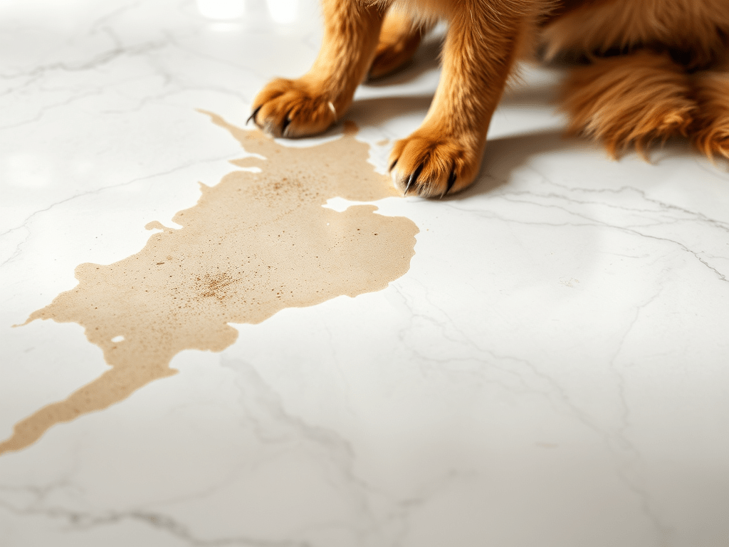 Ilustrasi noda urine hewan di lantai marmer dan granit