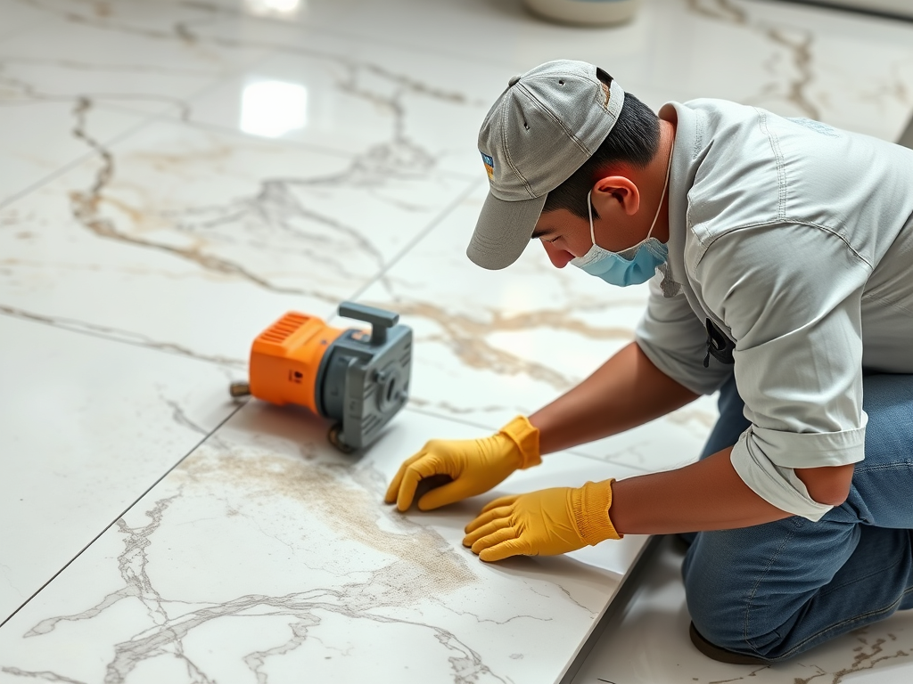 Ilustrasi teknisi sedang memperbaiki lantai marmer atau lantai granit
