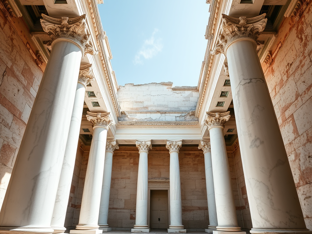 Ilustrasi bangunan tua dengan pilar dan dinding marmer