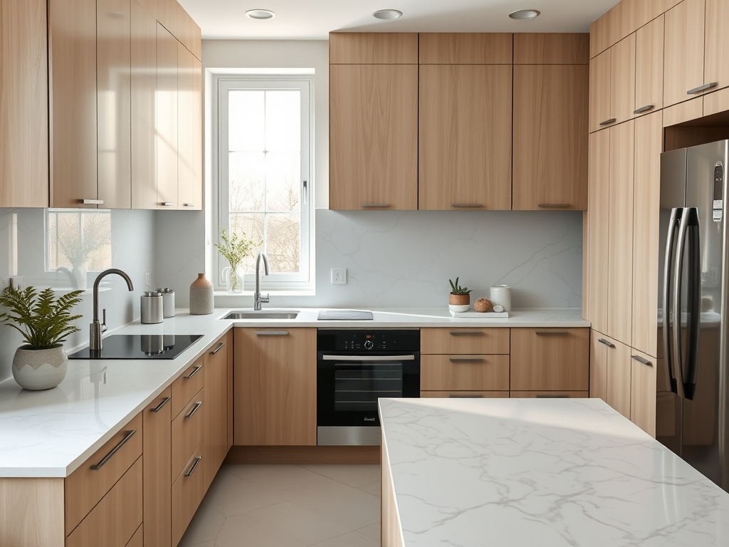 Ilustrasi dapur dengan konsep Scandinavia dan countertop marmer